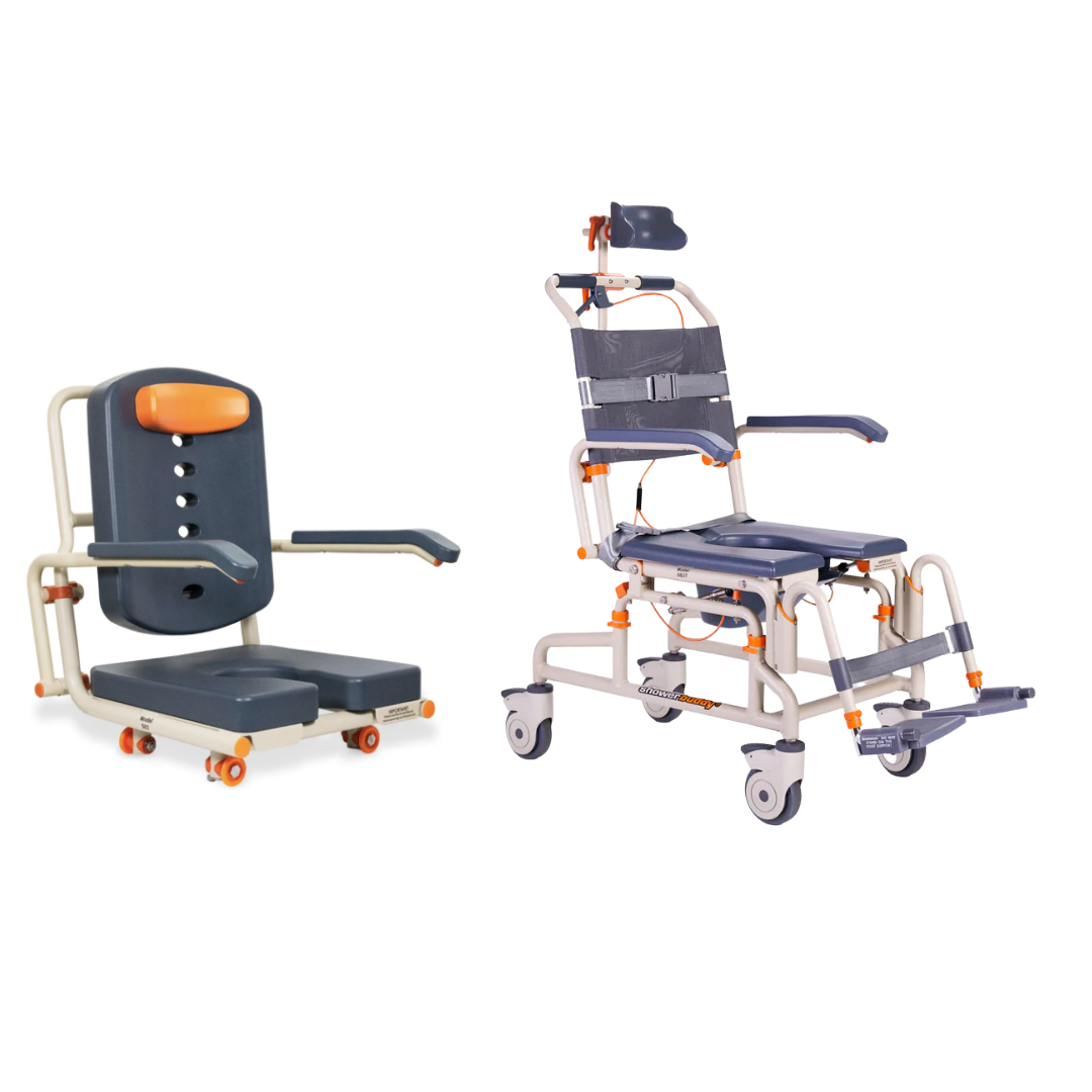 Two specialized mobility chairs: the ShowerBuddy Petite Buddy P1 Child & Small User Kit with low seat, backrest, and armrests; and a complex transport chair with headrest, seatbelt, footrests, padding, and wheelsāboth designed for accessibility.